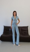 Gömlek Yaka Ön Fermuar Detaylı Light Blue Denim Tulum
