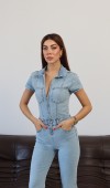 Gömlek Yaka Ön Fermuar Detaylı Light Blue Denim Tulum