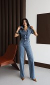 Düğme Detaylı Kısa Kol Kadın Blue Jean Tulum