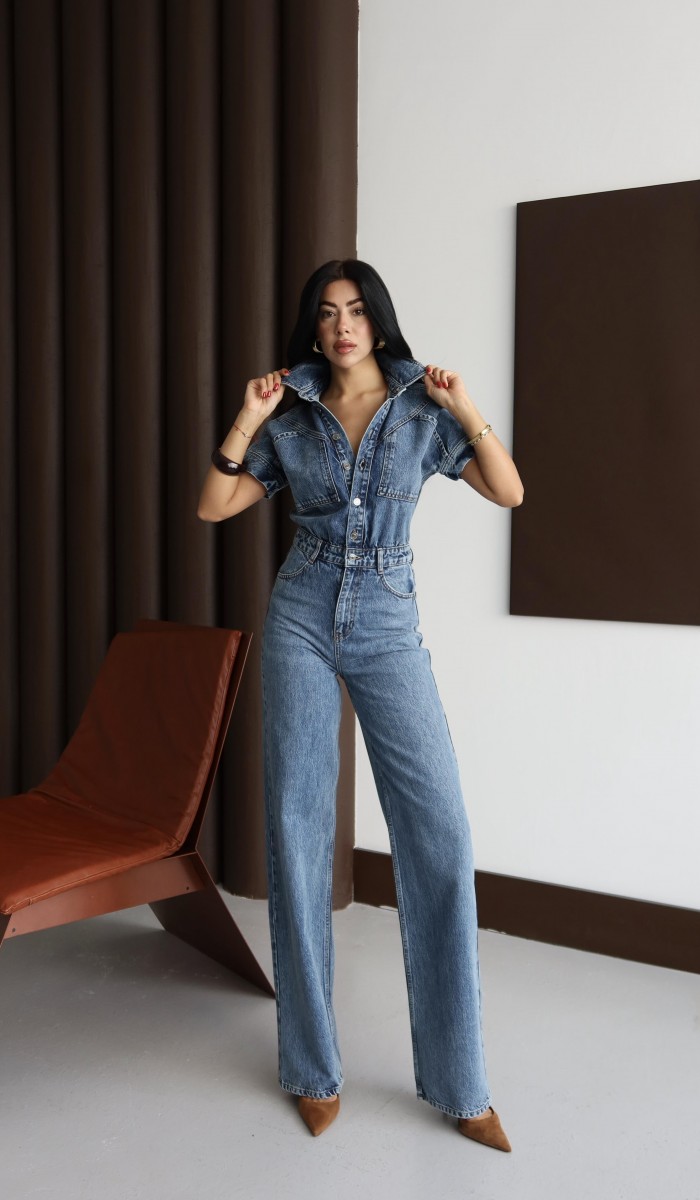 Düğme Detaylı Kısa Kol Kadın Blue Jean Tulum