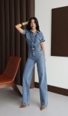 Düğme Detaylı Kısa Kol Kadın Blue Jean Tulum