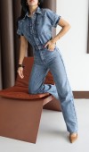 Düğme Detaylı Kısa Kol Kadın Blue Jean Tulum