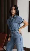 Düğme Detaylı Kısa Kol Kadın Blue Jean Tulum