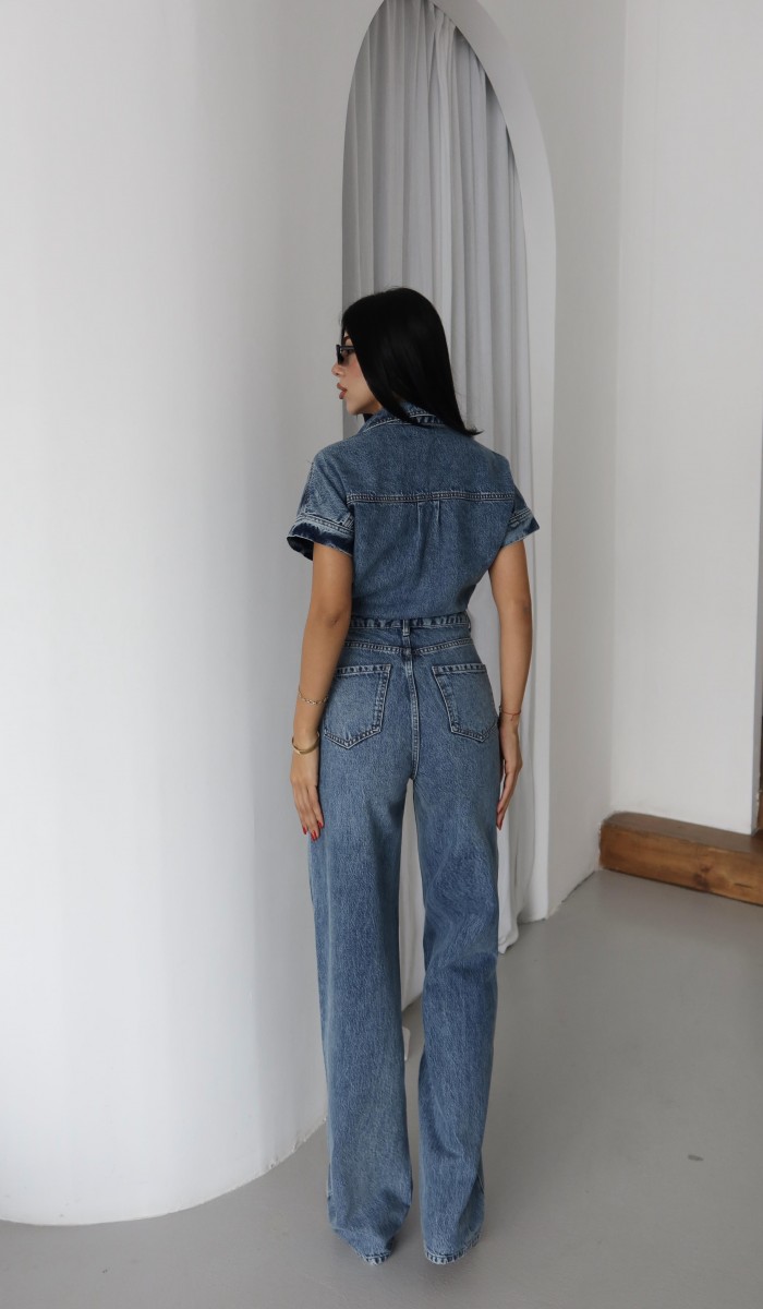 Düğme Detaylı Kısa Kol Kadın Blue Jean Tulum