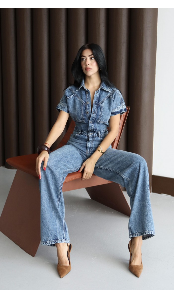 Düğme Detaylı Kısa Kol Kadın Blue Jean Tulum