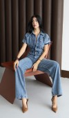 Düğme Detaylı Kısa Kol Kadın Blue Jean Tulum