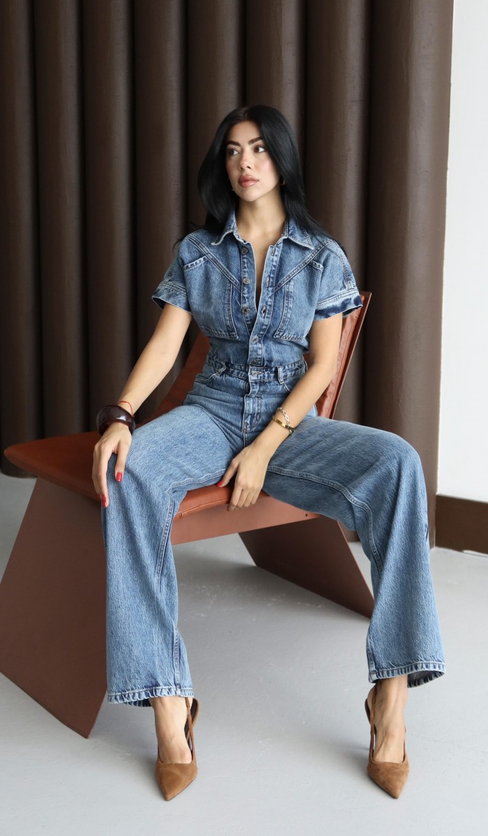 Düğme Detaylı Kısa Kol Kadın Blue Jean Tulum