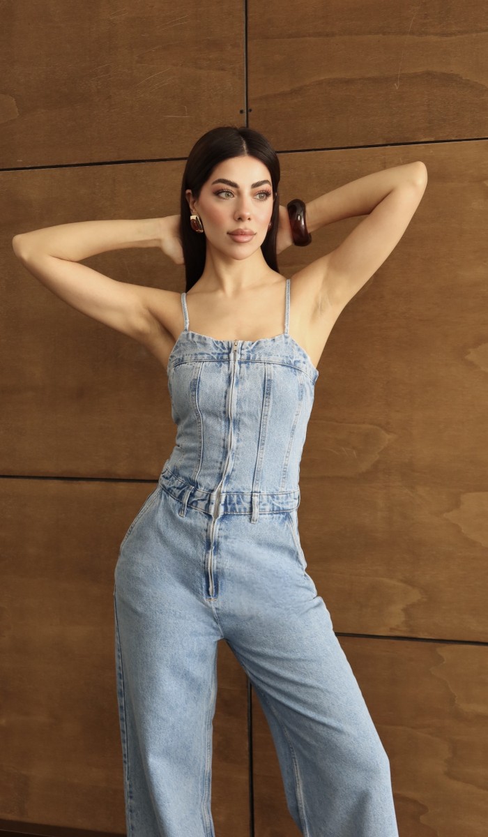 İp Askılı Sırt Gipe Detaylı Light Blue Jean Tulum