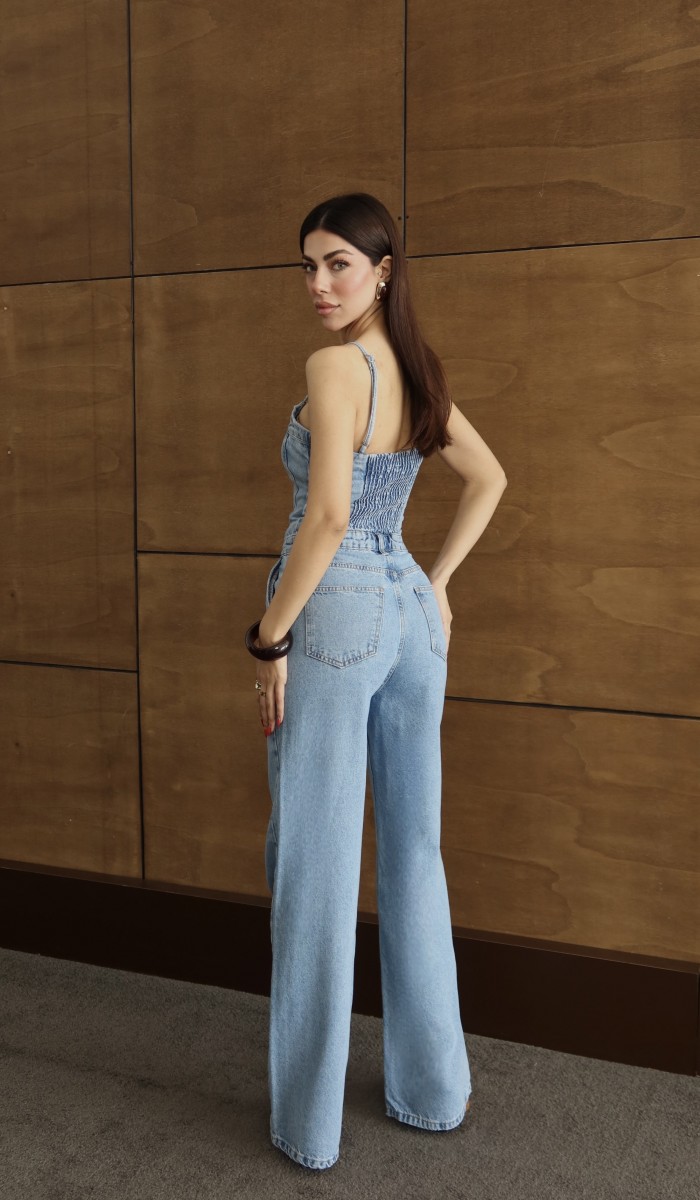 İp Askılı Sırt Gipe Detaylı Light Blue Jean Tulum