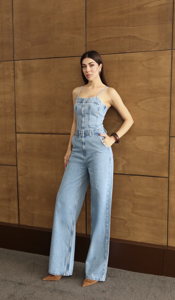 İp Askılı Sırt Gipe Detaylı Light Blue Jean Tulum