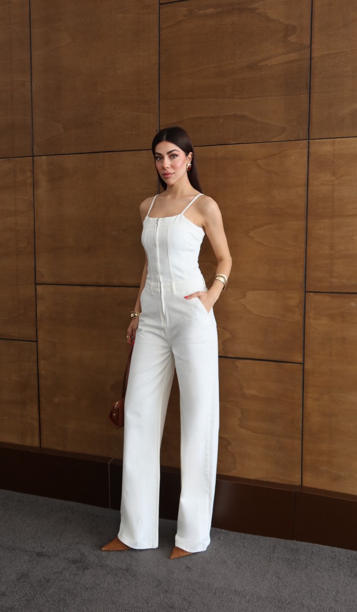 İp Askılı Sırt Gipe Detaylı Ekru Jean Tulum