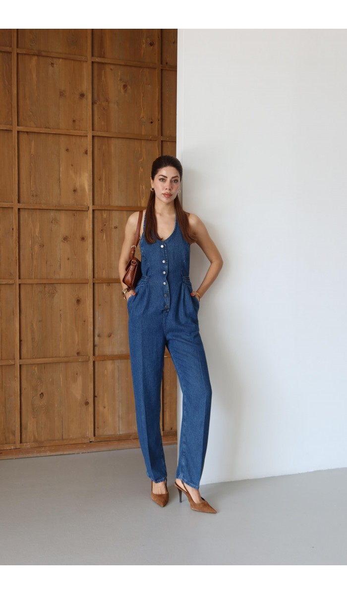 Ön Düğmeli Boyun Kısmı Düğme Detaylı Belde Ayar Kemer Detayı Blue Tencel Tulum Ön Düğmeli Boyun Kısmı Düğme Detaylı Belde Ayar Kemer Detayı Blue Tencel Tulum