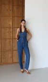 Ön Düğmeli Boyun Kısmı Düğme Detaylı Belde Ayar Kemer Detayı Blue Tencel Tulum