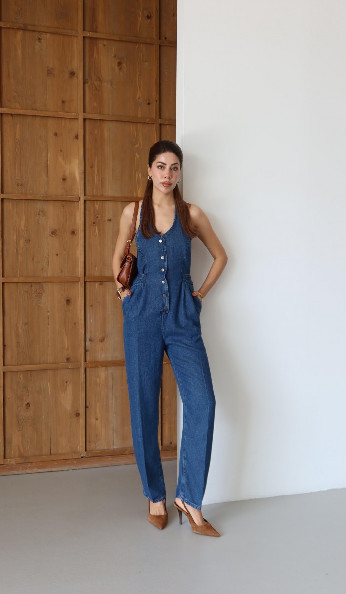 Ön Düğmeli Boyun Kısmı Düğme Detaylı Belde Ayar Kemer Detayı Blue Tencel Tulum