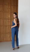 Ön Düğmeli Boyun Kısmı Düğme Detaylı Belde Ayar Kemer Detayı Blue Tencel Tulum