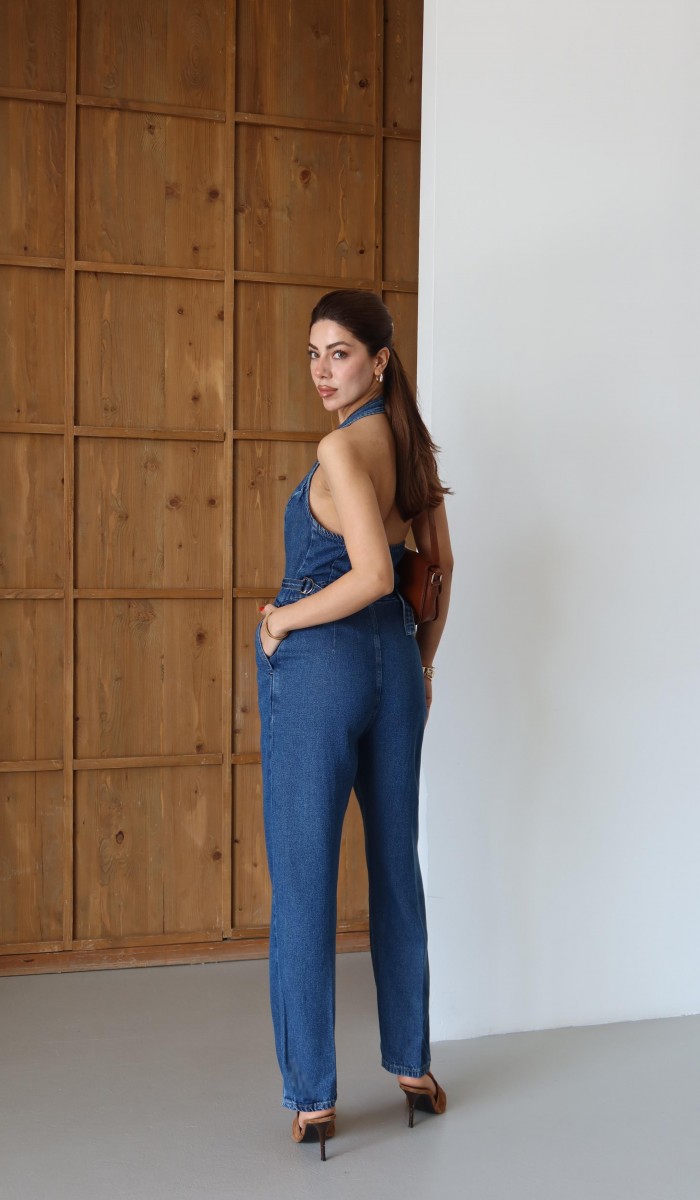 Ön Düğmeli Boyun Kısmı Düğme Detaylı Belde Ayar Kemer Detayı Blue Tencel Tulum