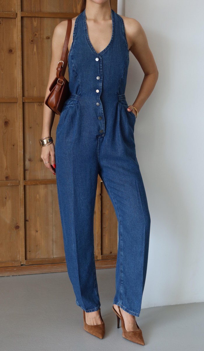 Ön Düğmeli Boyun Kısmı Düğme Detaylı Belde Ayar Kemer Detayı Blue Tencel Tulum