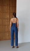 Ön Düğmeli Boyun Kısmı Düğme Detaylı Belde Ayar Kemer Detayı Blue Tencel Tulum