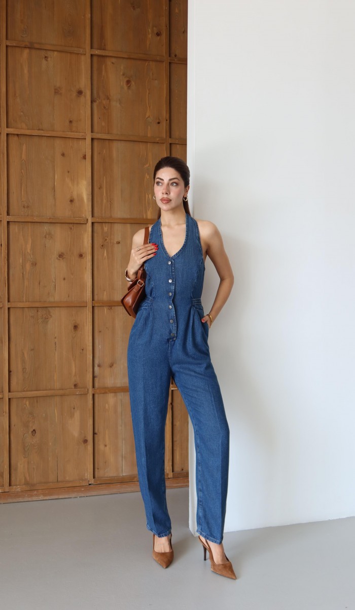 Ön Düğmeli Boyun Kısmı Düğme Detaylı Belde Ayar Kemer Detayı Blue Tencel Tulum
