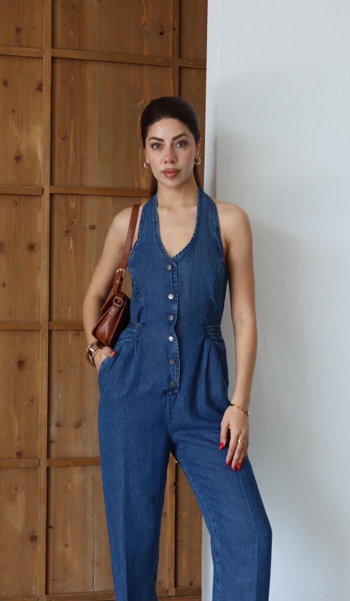 Ön Düğmeli Boyun Kısmı Düğme Detaylı Belde Ayar Kemer Detayı Blue Tencel Tulum