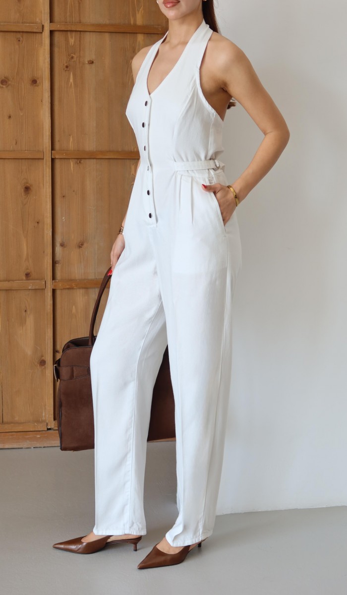 Ön Düğmeli Boyun Kısmı Düğme Detaylı Belde Ayar Kemer Detayı Ekru Tencel Tulum