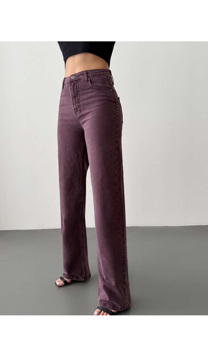 Kadın Yüksek Bel Bol Kesim Bordo Jean Pantolon