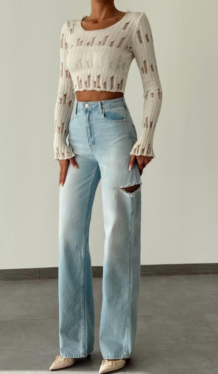 Yüksek Bel Kesik Detay Blue Wide Leg Jean Pantolon