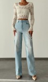 Yüksek Bel Kesik Detay Blue Wide Leg Jean Pantolon