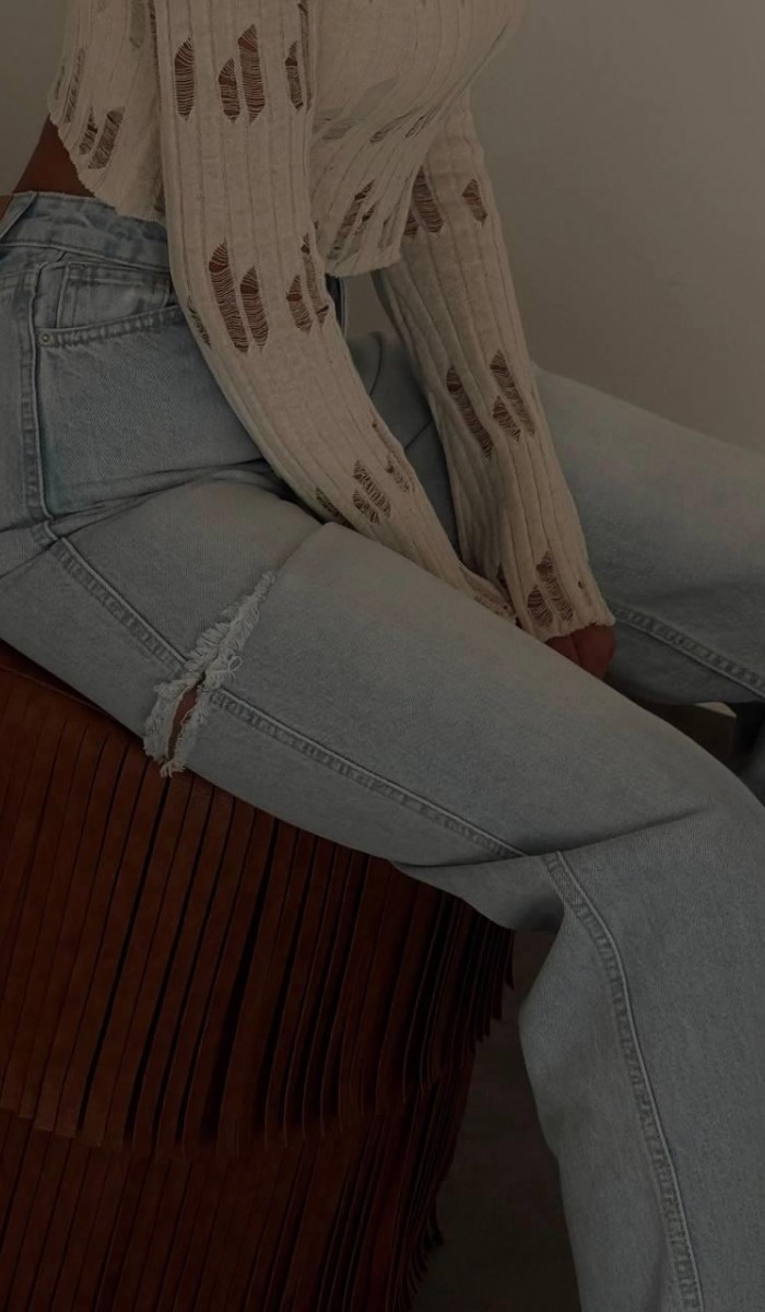 Yüksek Bel Kesik Detay Blue Wide Leg Jean Pantolon