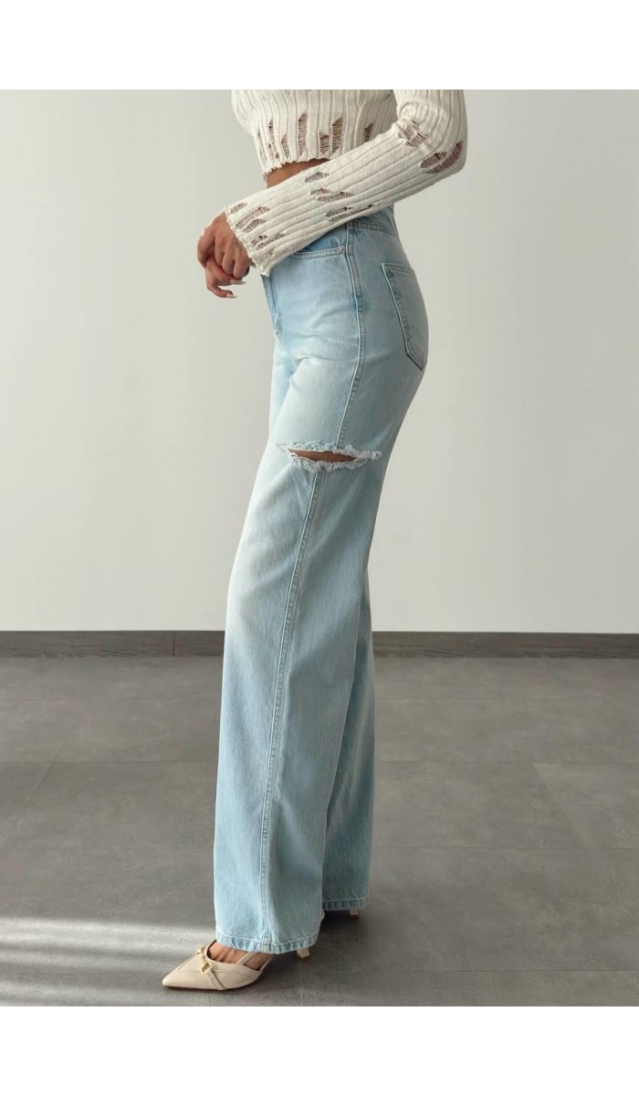 Yüksek Bel Kesik Detay Blue Wide Leg Jean Pantolon