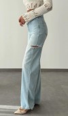 Yüksek Bel Kesik Detay Blue Wide Leg Jean Pantolon