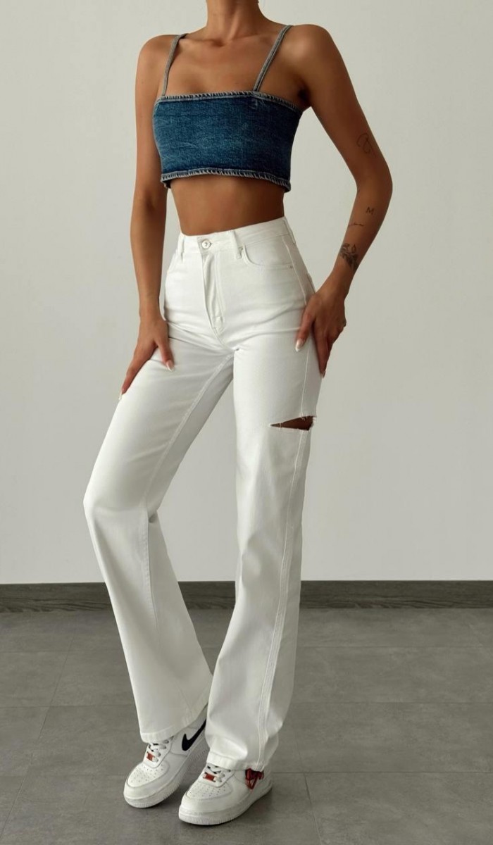 Yüksek Bel Kesik Detay Krem Wide Leg Jean Pantolon