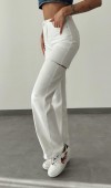 Yüksek Bel Kesik Detay Krem Wide Leg Jean Pantolon