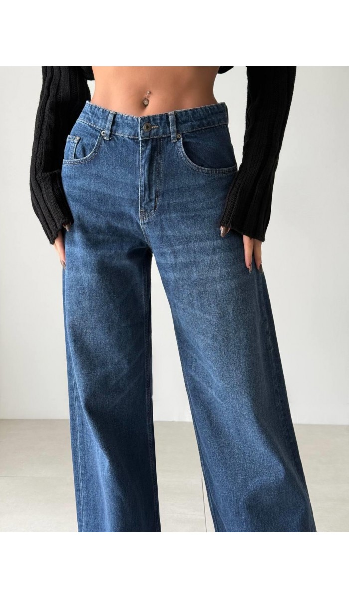 Yüksek Bel Bol Paça Dark Blue Wide Leg Jean Pantolon