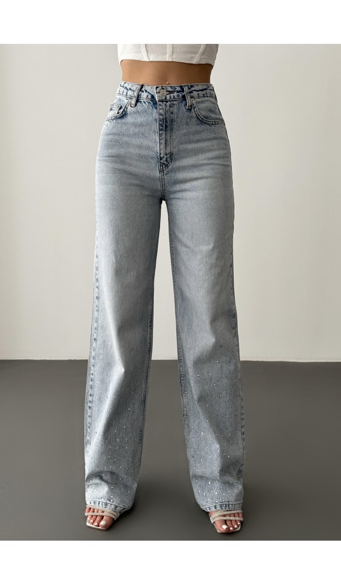 Yüksek Bel Bol Kesim Light Blue Taşlı Jean Pantolon
