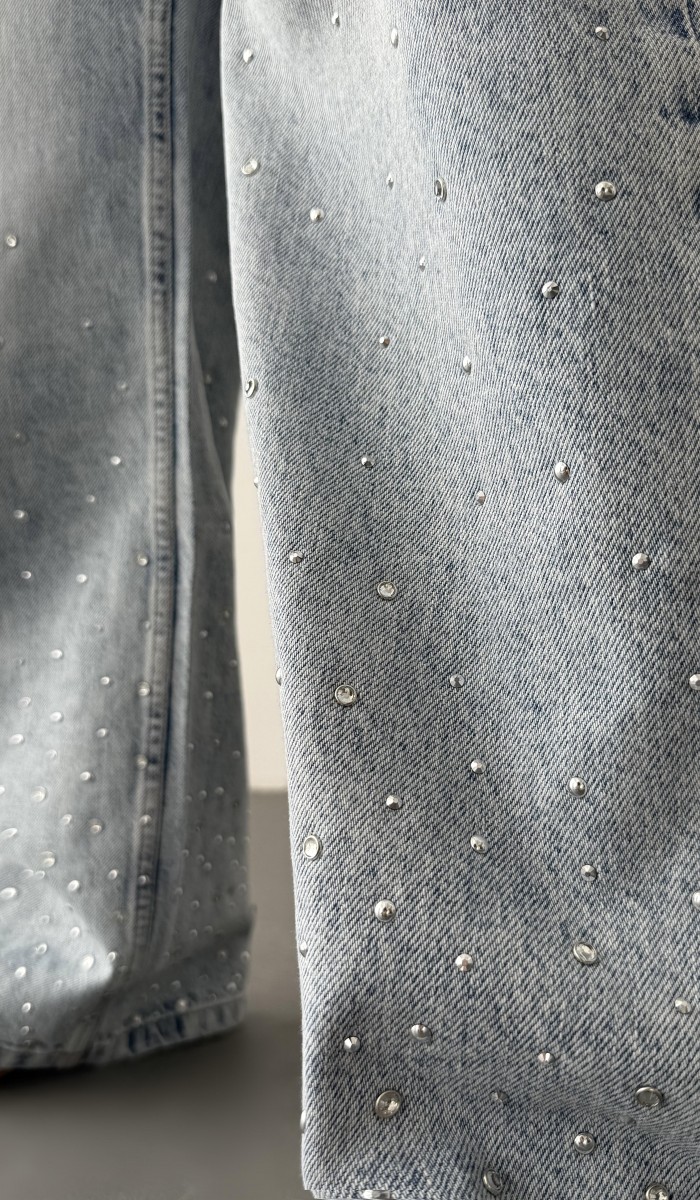 Yüksek Bel Bol Kesim Light Blue Taşlı Jean Pantolon