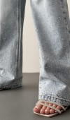 Yüksek Bel Bol Kesim Light Blue Taşlı Jean Pantolon