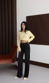 Yüksek Bel Bej İp Detaylı Black Jean Pantolon