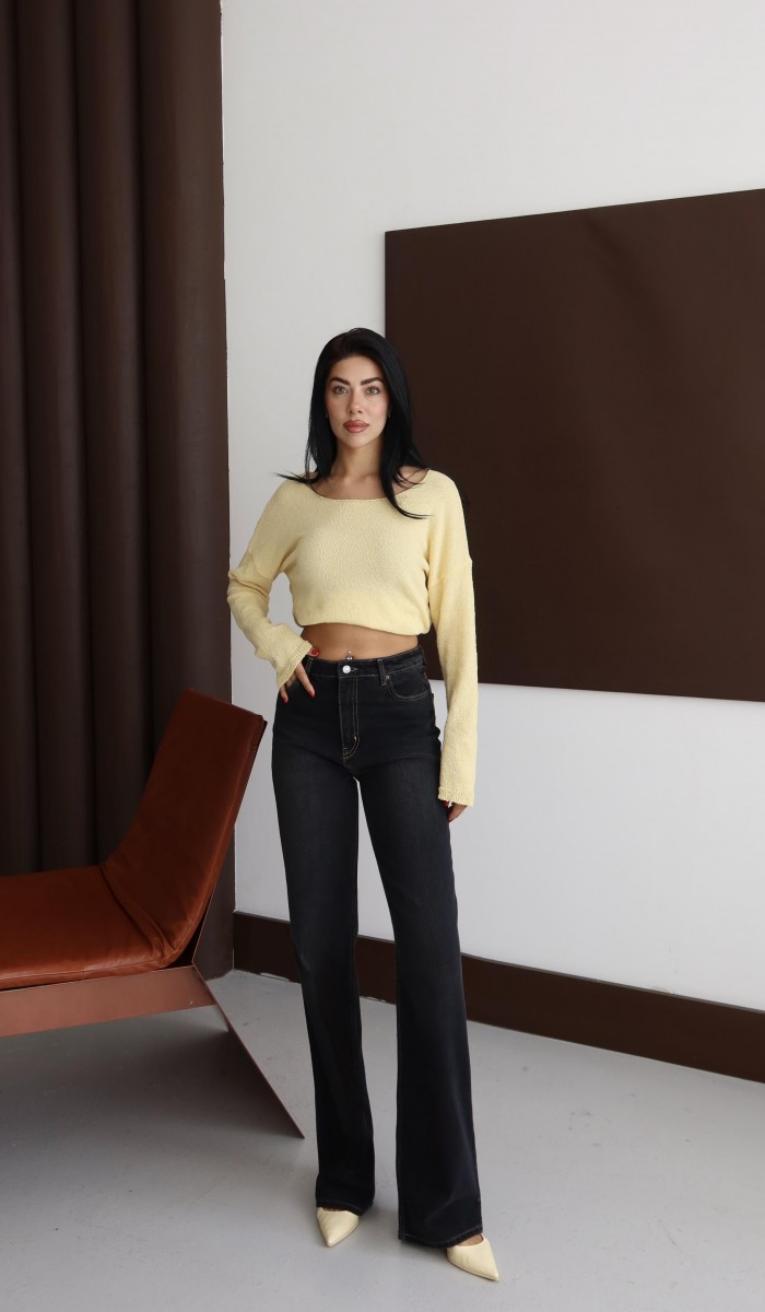Yüksek Bel Bej İp Detaylı Black Jean Pantolon