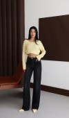 Yüksek Bel Bej İp Detaylı Black Jean Pantolon