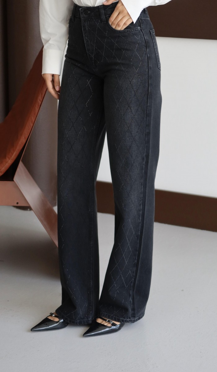 Yüksek Bel Rahat Kesim Baklava Desen Taş Detaylı Black Black Jean Pantolon
