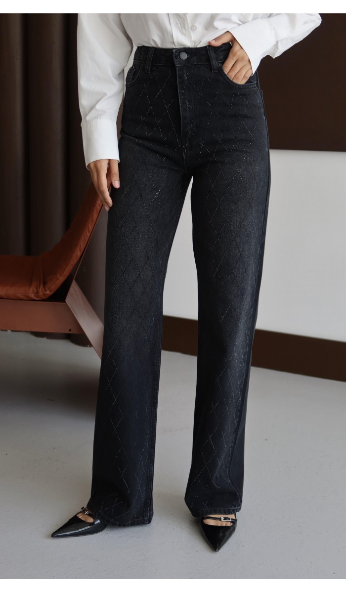 Yüksek Bel Rahat Kesim Baklava Desen Taş Detaylı Black Black Jean Pantolon