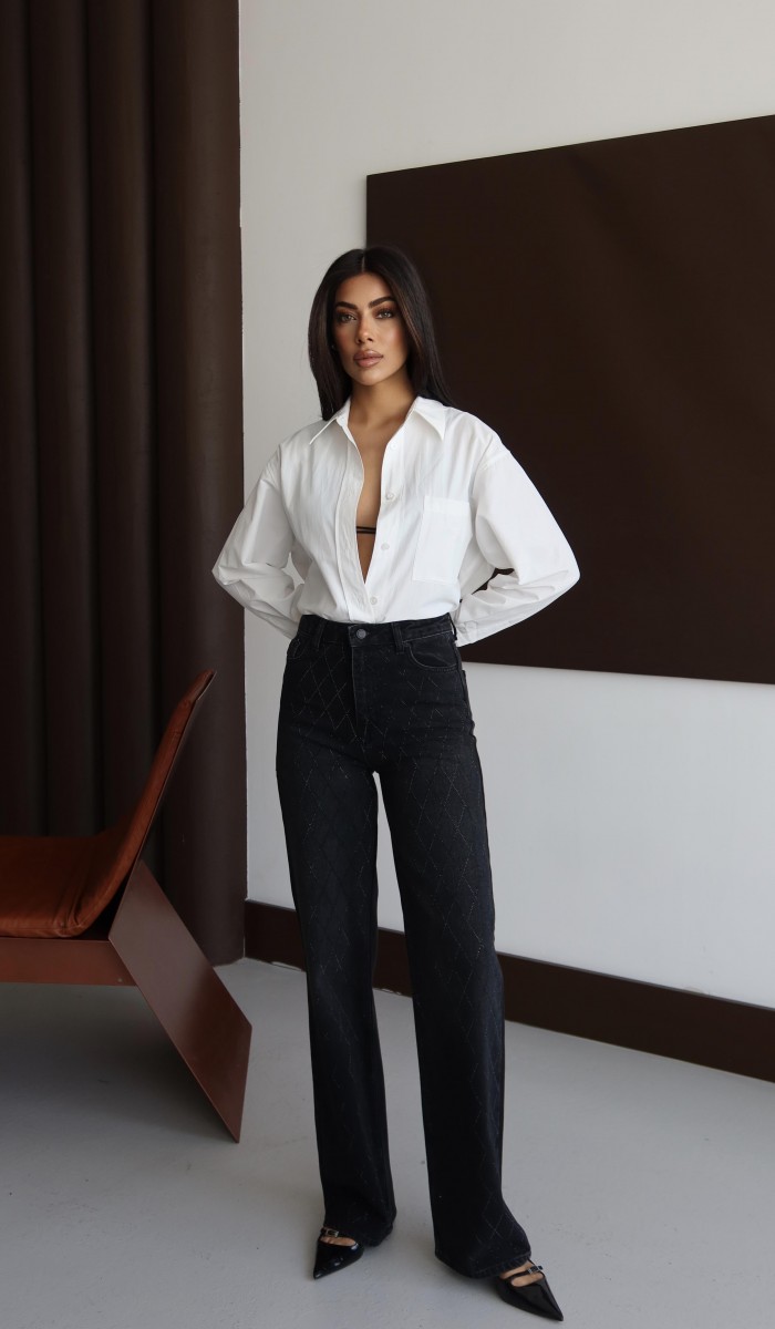 Yüksek Bel Rahat Kesim Baklava Desen Taş Detaylı Black Black Jean Pantolon