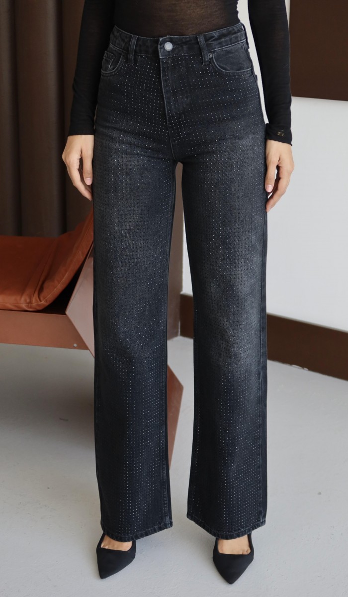 Yüksek Bel Wıde Leg Kalıp Boydan Taşlı Black Jean Pantolon