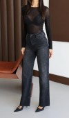 Yüksek Bel Wıde Leg Kalıp Boydan Taşlı Black Jean Pantolon