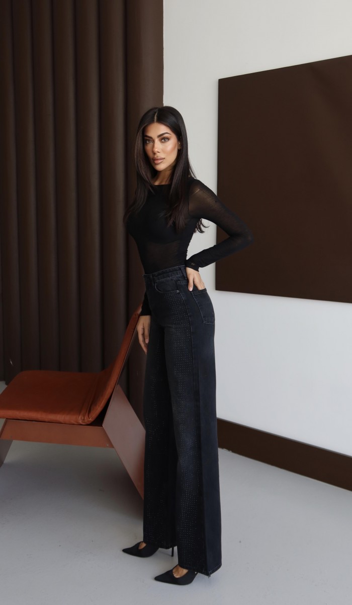 Yüksek Bel Wıde Leg Kalıp Boydan Taşlı Black Jean Pantolon
