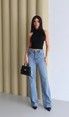 Yüksek Bel Geniş Kalıp Boydan Full Taşlı Blue Jean Pantolon