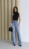 Yüksek Bel Geniş Kalıp Boydan Full Taşlı Blue Jean Pantolon