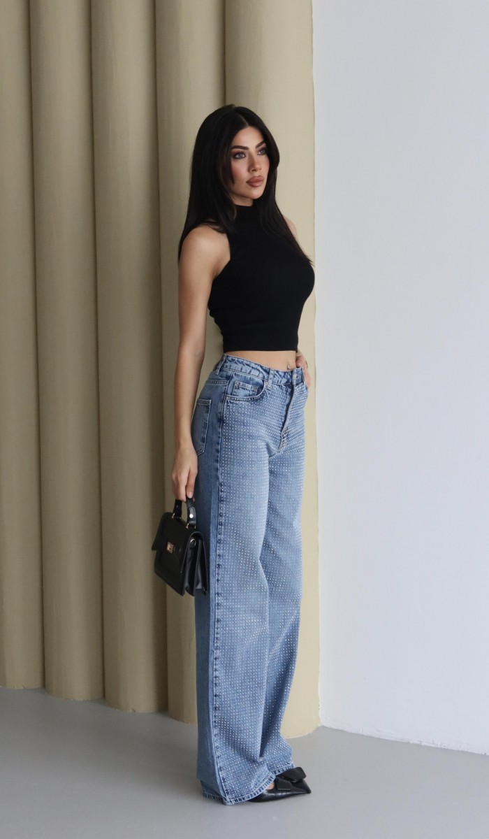 Yüksek Bel Geniş Kalıp Boydan Full Taşlı Blue Jean Pantolon