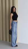 Yüksek Bel Geniş Kalıp Boydan Full Taşlı Blue Jean Pantolon